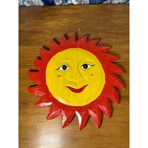 Wood Sun Hand Carved And Painted 12 Inches Hanging Wall Art Red And Yellow